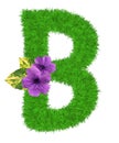 3D Ã¢â¬ÅGreen grass leaves and purple flowersÃ¢â¬Â creative decorative natural Letter B, Character B isolated in white background.